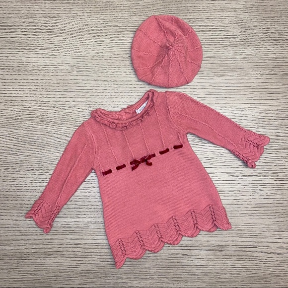 Pink knit long sleeve dress with matching hat - Picture 1 of 7